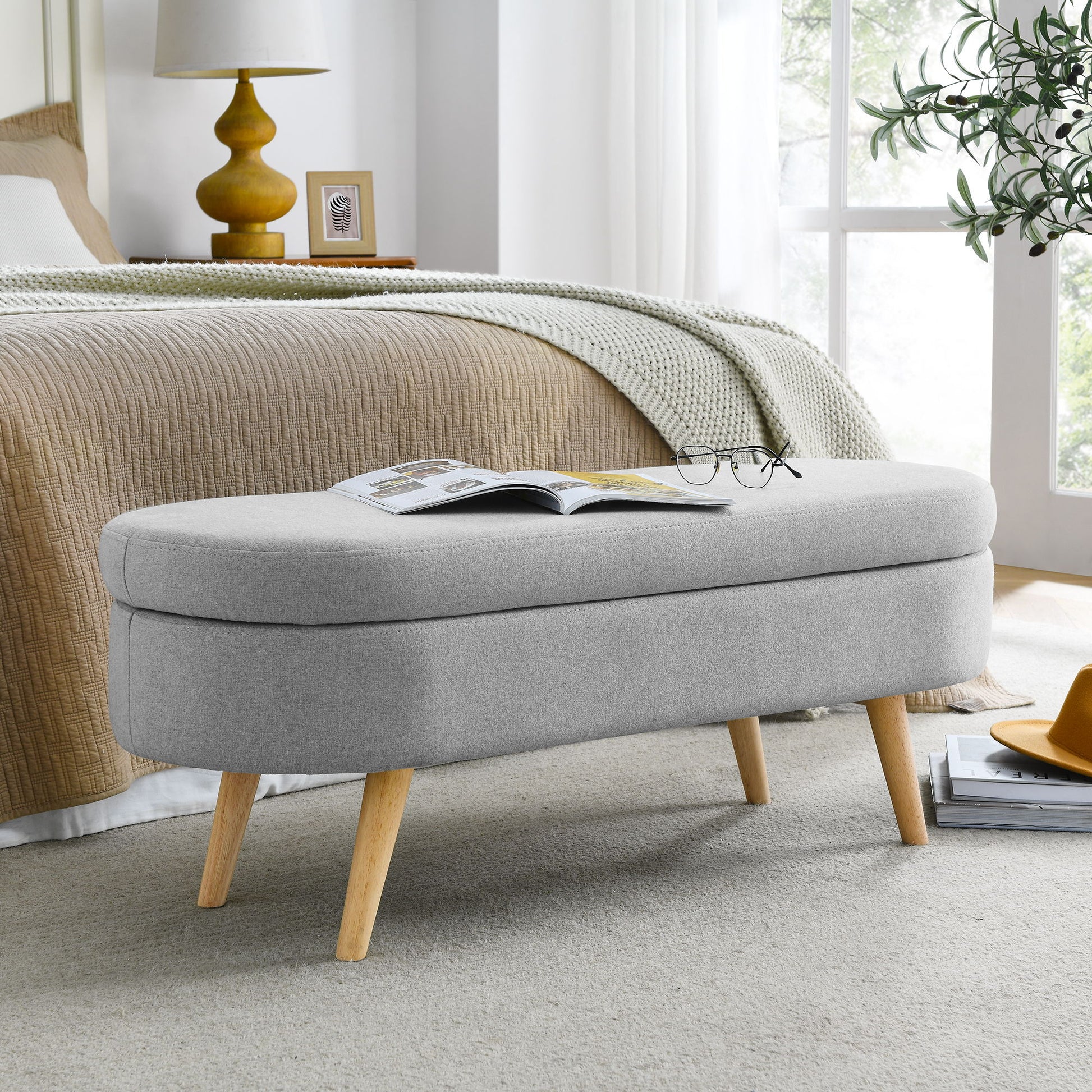Ottoman Oval Storage Bench With Rubber Wood Legs Linen - Gray