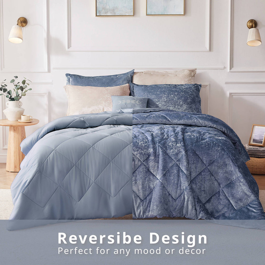 Felicia - Velvet Comforter Set With Throw Pillow - Blue