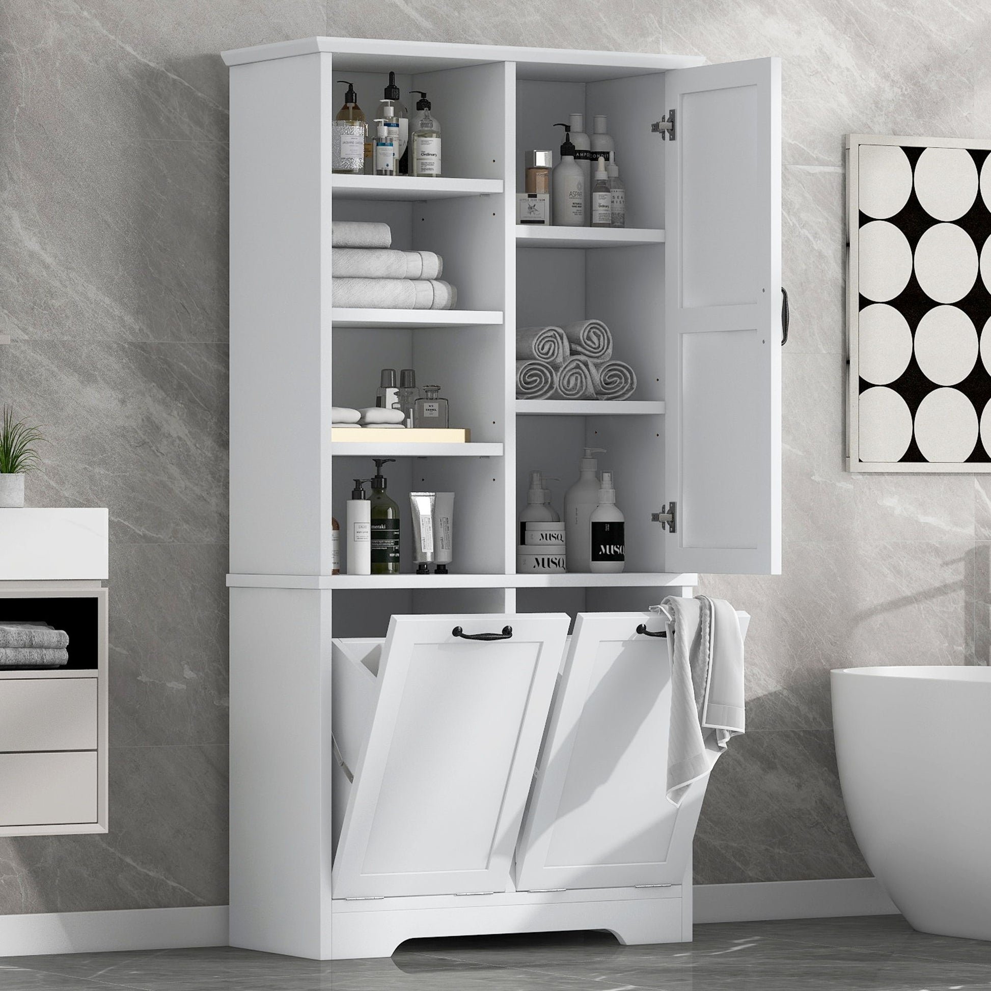 Freestanding Bathroom Storage Cabinet With Doors And Drawers, Adjustable Shelves, Tilt-Out Laundry Hamper
