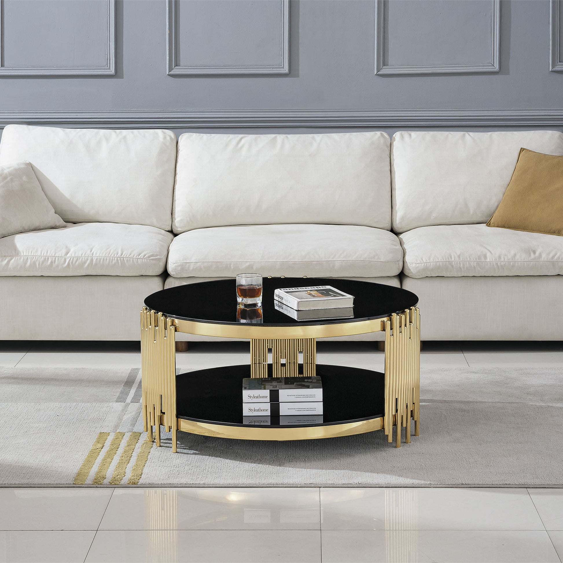 Round Double Tier Table With Flute Shaped Tube Legs