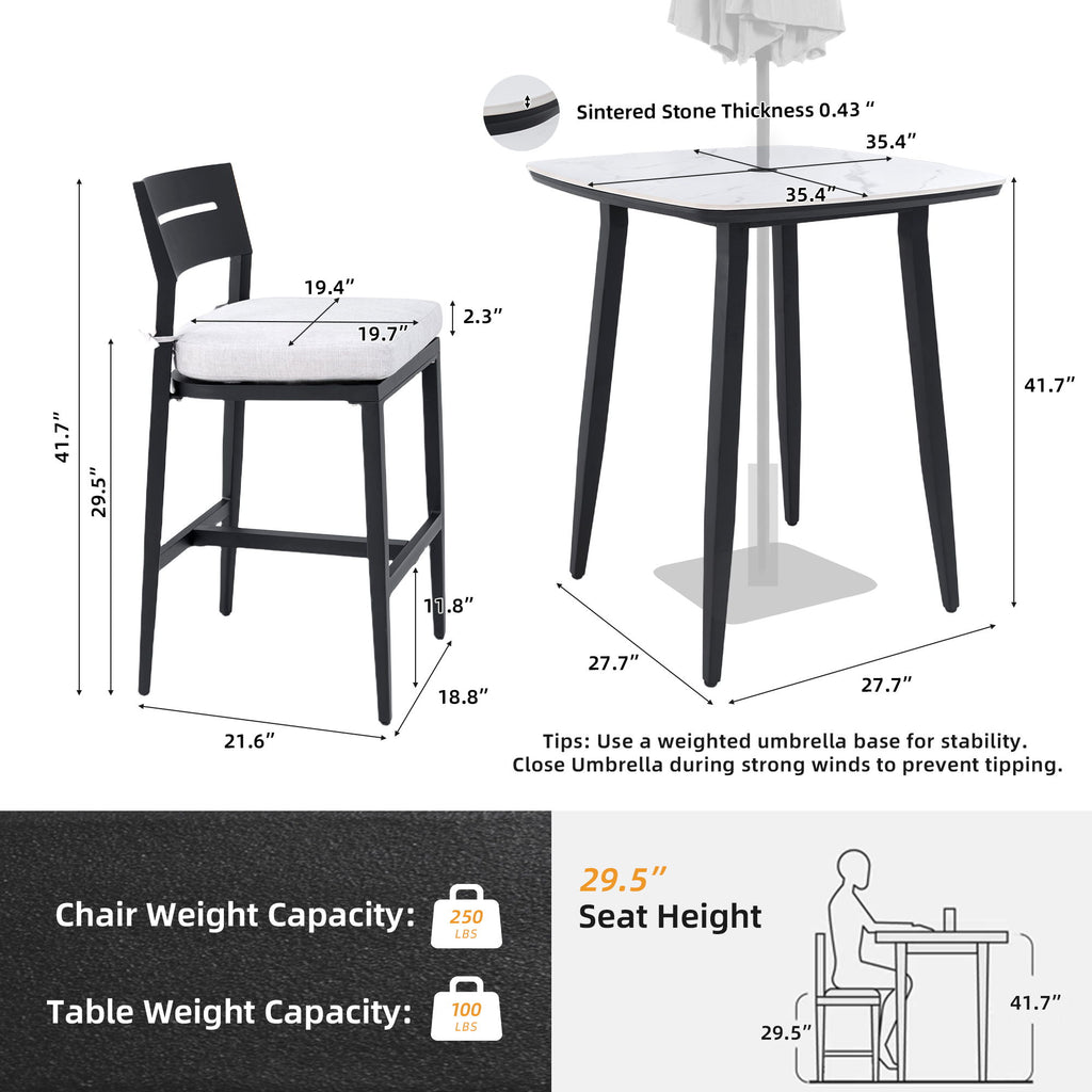 Modern Outdoor Patio Bar Set, Rounded Square Table & Bar Chairs, Non Rust Frame, Tapered Legs, Sunbrella Cushion