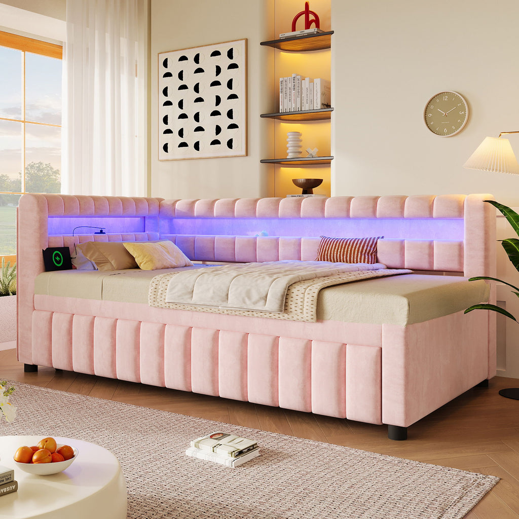 Upholstered Daybed With LED Lights, USB Charging, Pull Out Trundle Bed