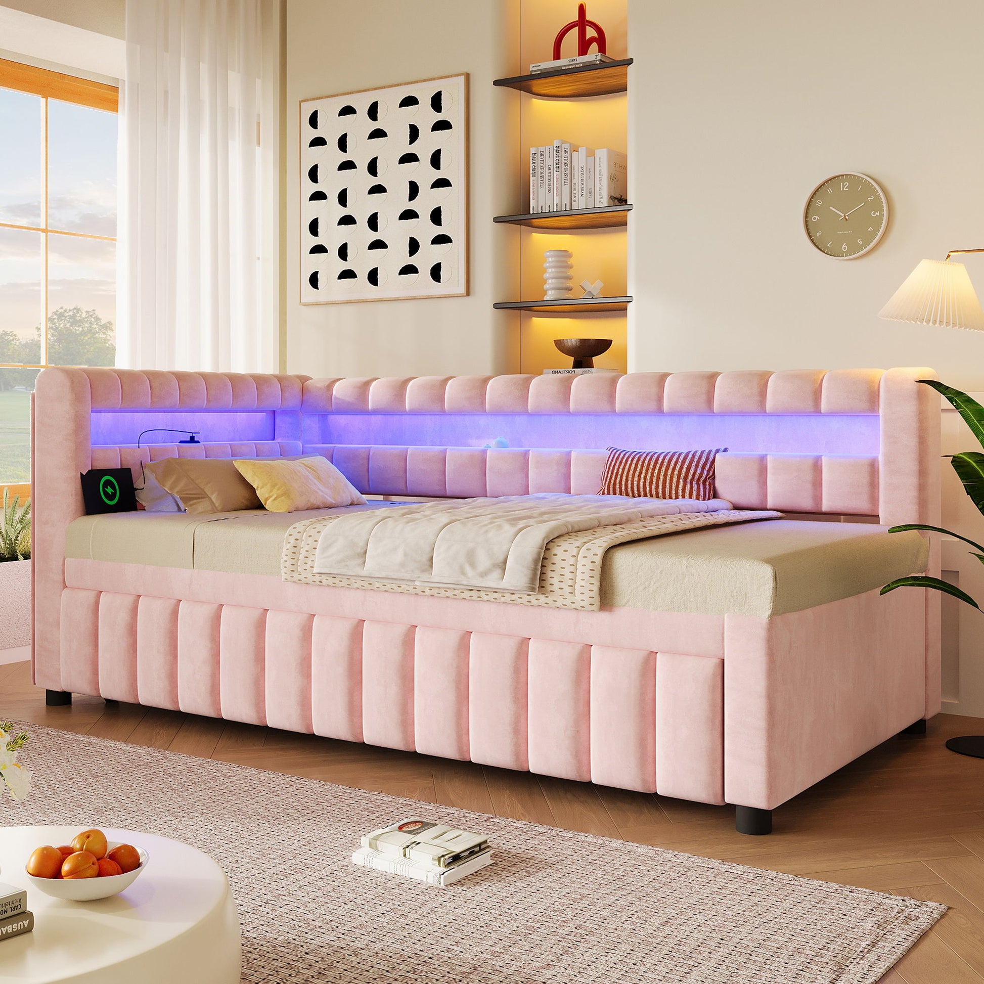 Upholstered Daybed With LED Lights, USB Charging, Pull Out Trundle Bed