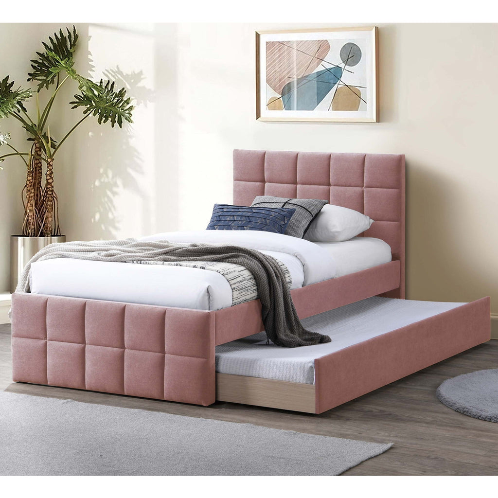 Contemporary Style Bed With Trundle Upholstered Headboard And Footboard Grid Pattern