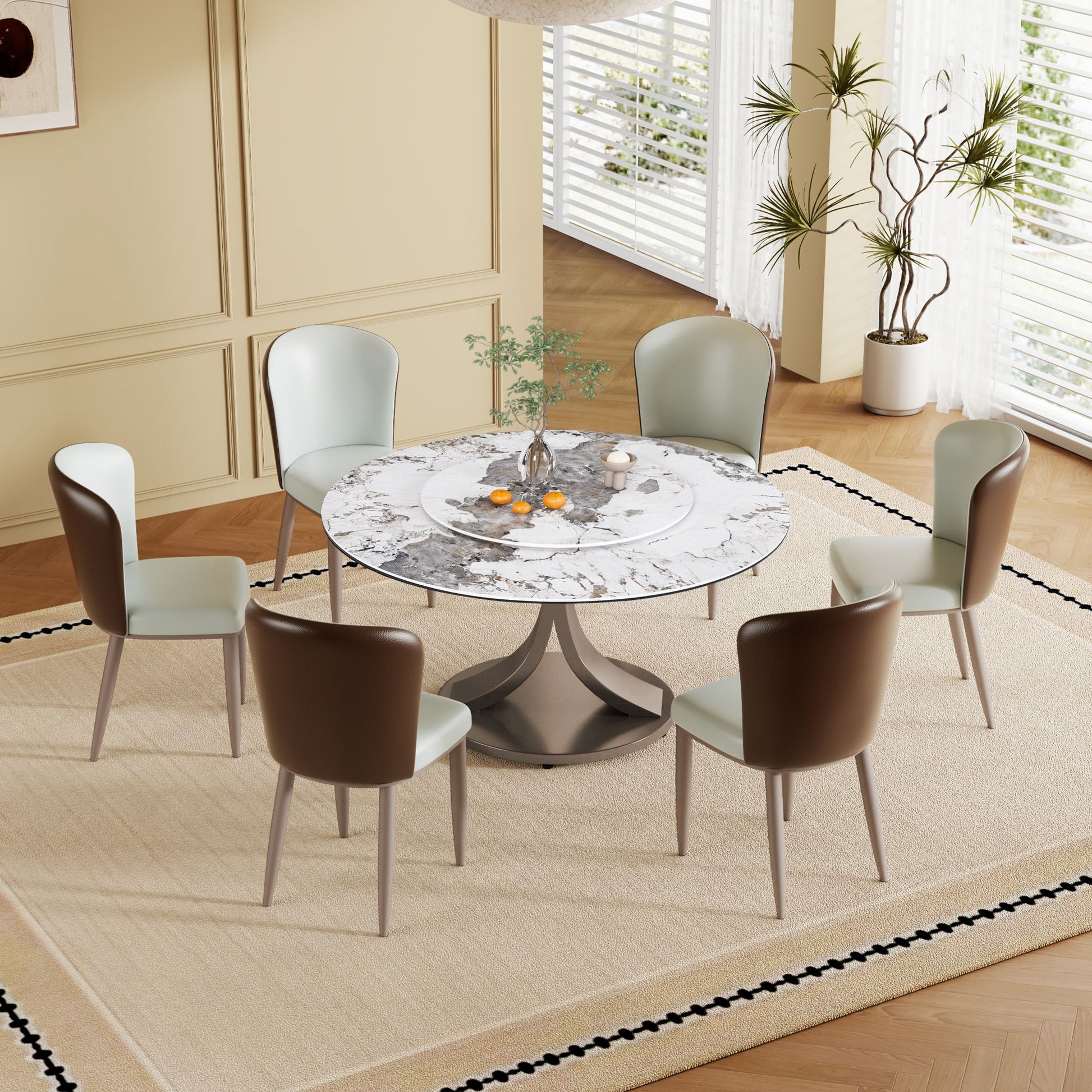 Modern Round Dining Table With 360° Rotating Lazy Susan Scratch & Chairs