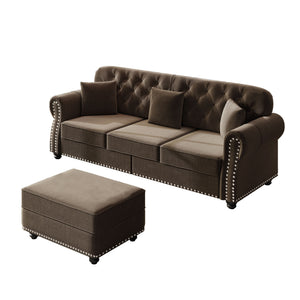 Upholstered Sofa With Nailhead Trim And Rolled Armrests, 3 Pillows - Brown