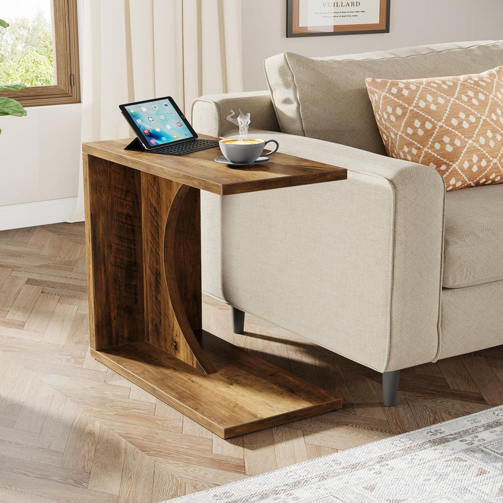 C - Shaped End Table For Couch - Rustic Brown