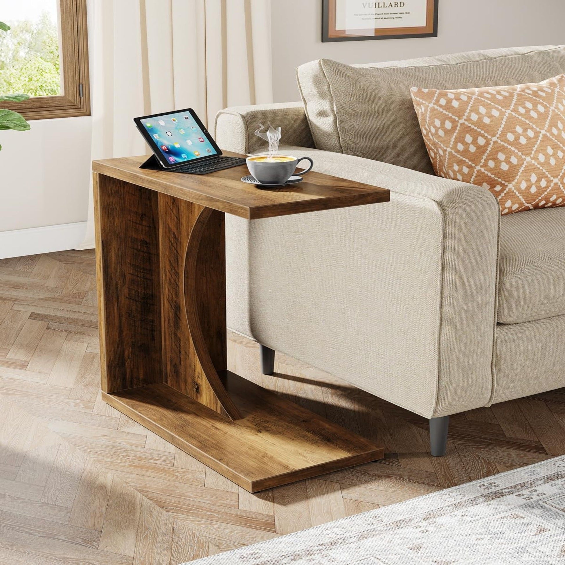 C - Shaped End Table For Couch - Rustic Brown