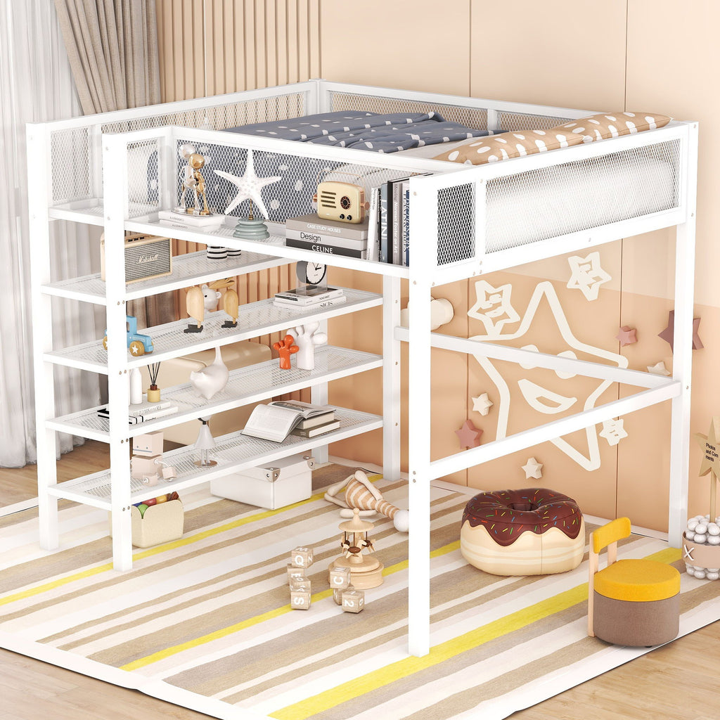 Loft Bed With 4 Tier Shelves And Storage