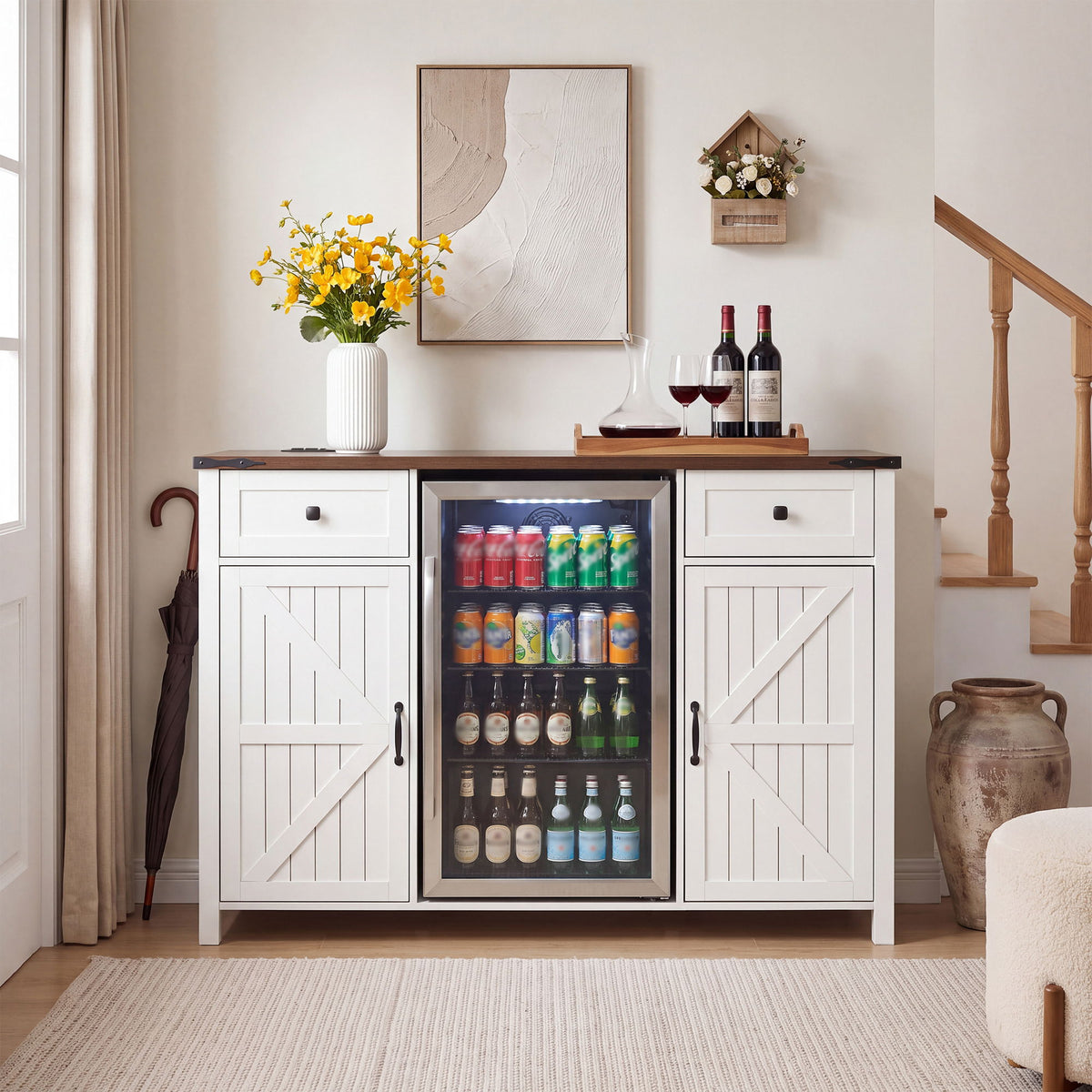 Coffee Bar With Mini Fridge Space & Built In Charging Station, Large Bar Cabinet With Drawers & Adjustable Shelves For Kitchen - White
