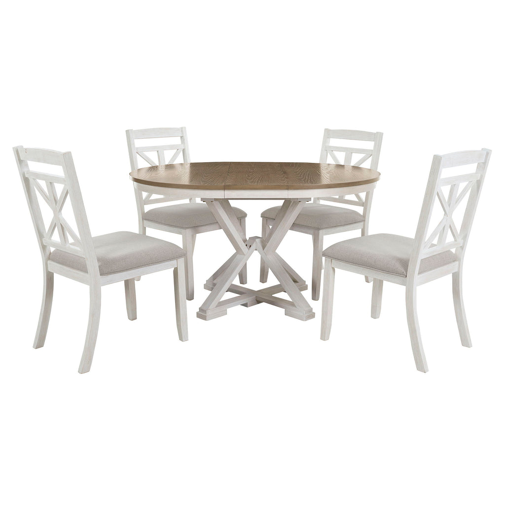 Dining Set With Extendable Round Table And 4 Upholstered Chairs