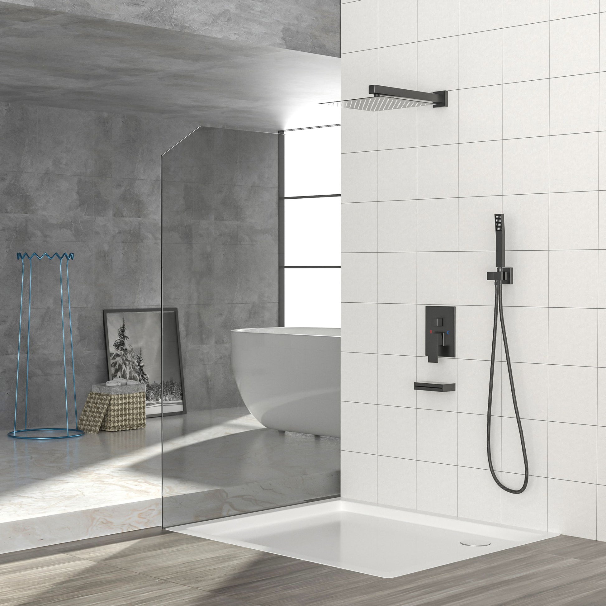 12" Ceiling Mount Square Shower System With Waterfall Tub Spout And Handheld Shower
