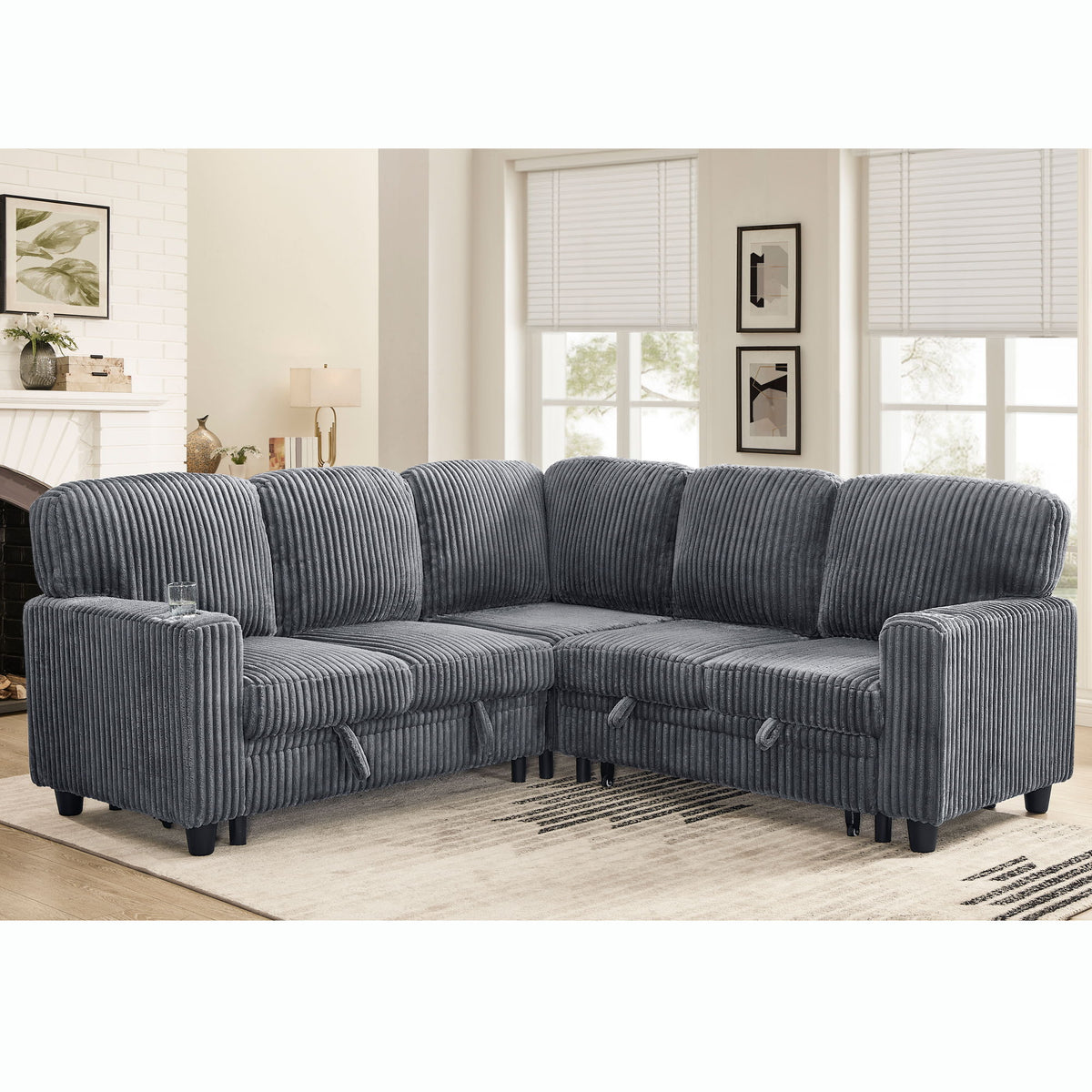 L-Shaped Sectional Sofa Bed With Pull Out Bed & Storage, 5 Seat Sleeper Couch With USB Charging For Living Room - Gray