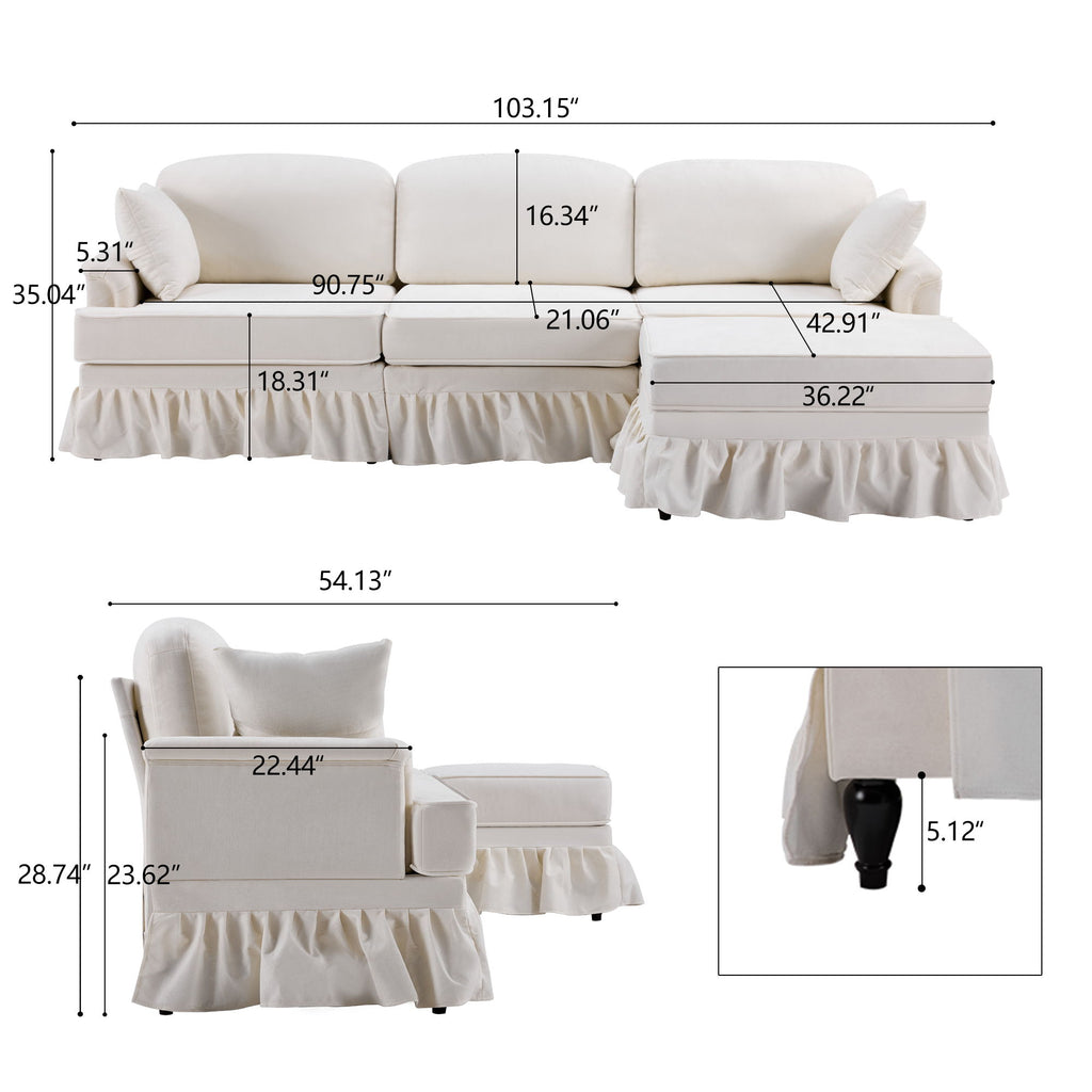 L-Shaped Sectional Sofa With Removable Ruffled Skirt, Flared Arms, Ottoman - White