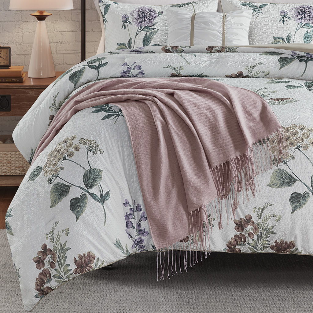 Zennia - 7 Piece Printed Seersucker Comforter Set With Throw Blanket - Taupe / Blush