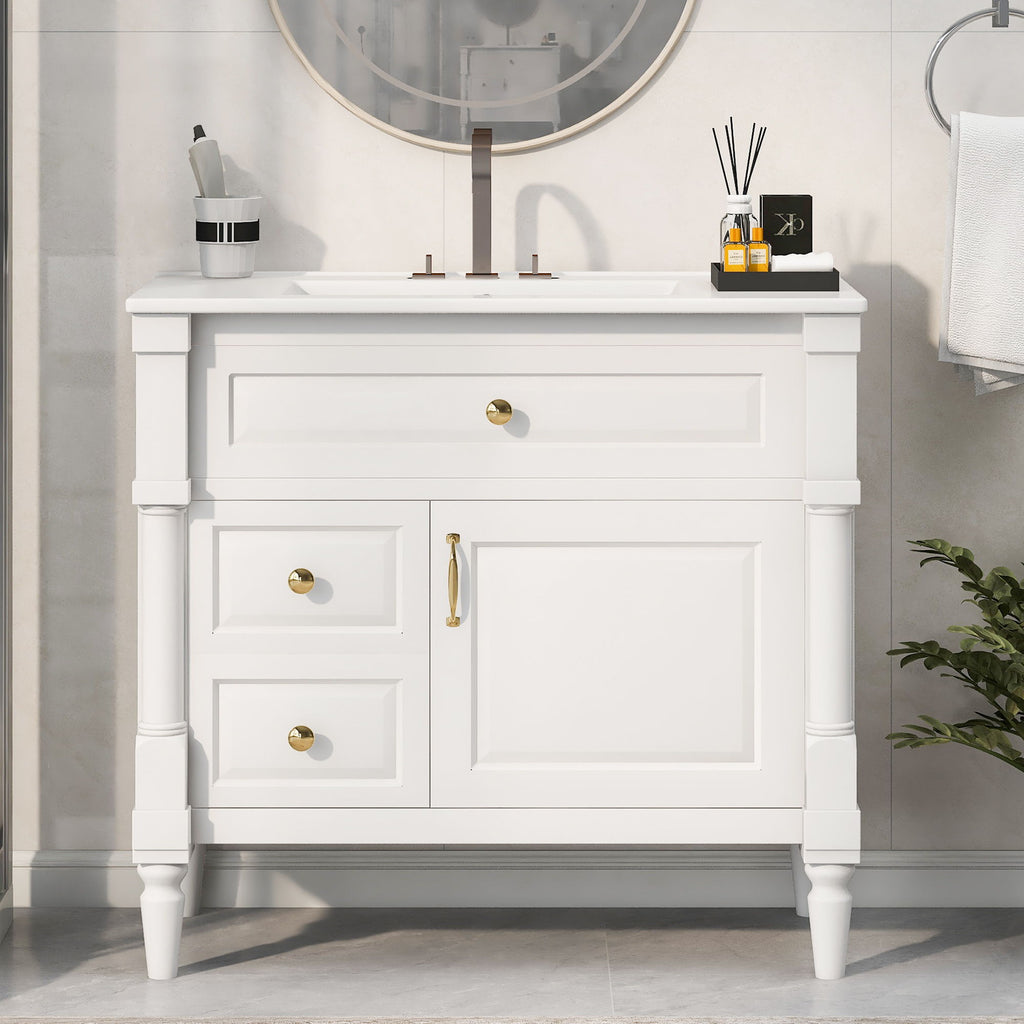 Freestanding Bathroom Vanity With Sink, Adjustable Shelf, Flip Drawer