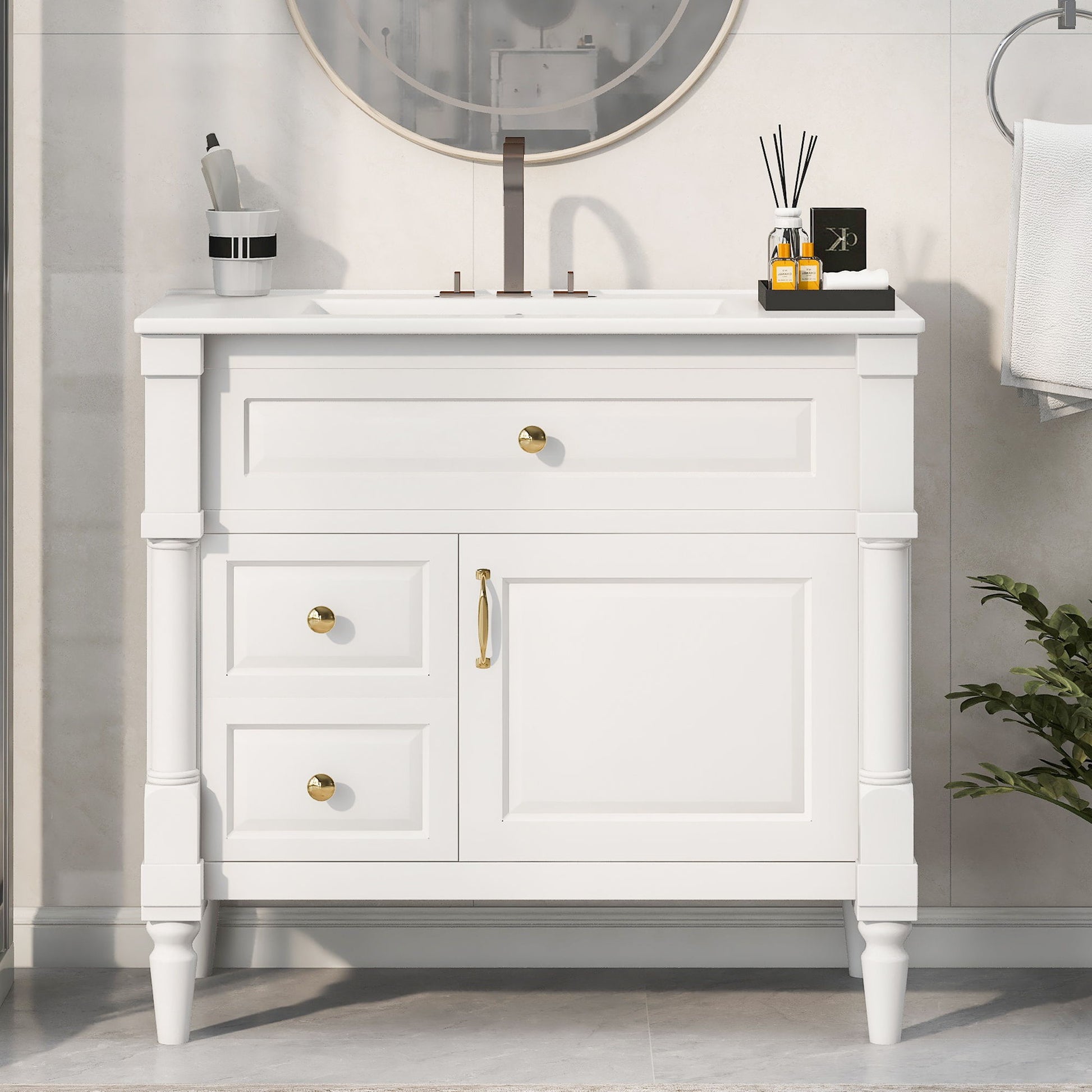 Freestanding Bathroom Vanity With Sink, Adjustable Shelf, Flip Drawer