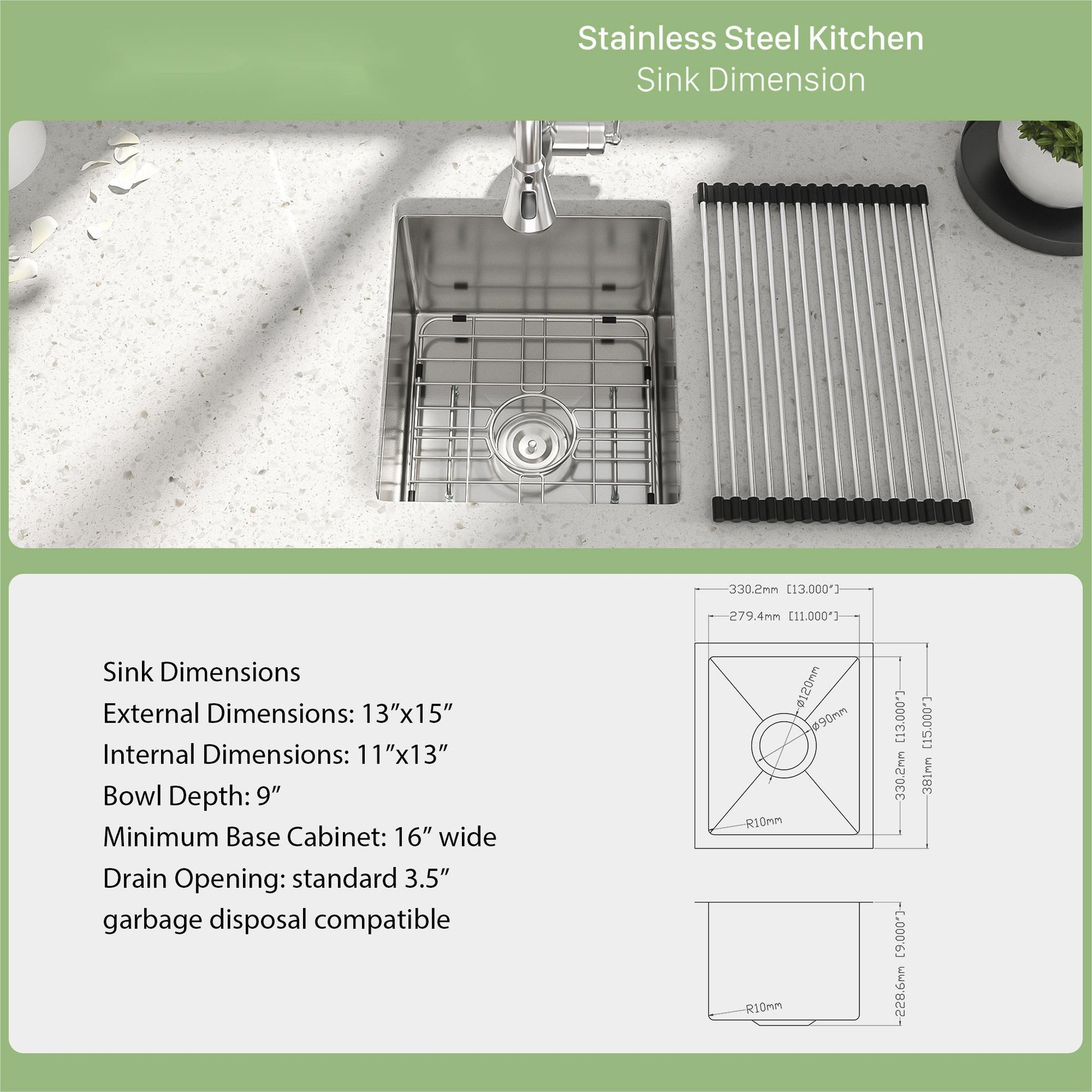 13" Undermount Kitchen Sink 16 Gauge Single Bowl - Brushed Nickel