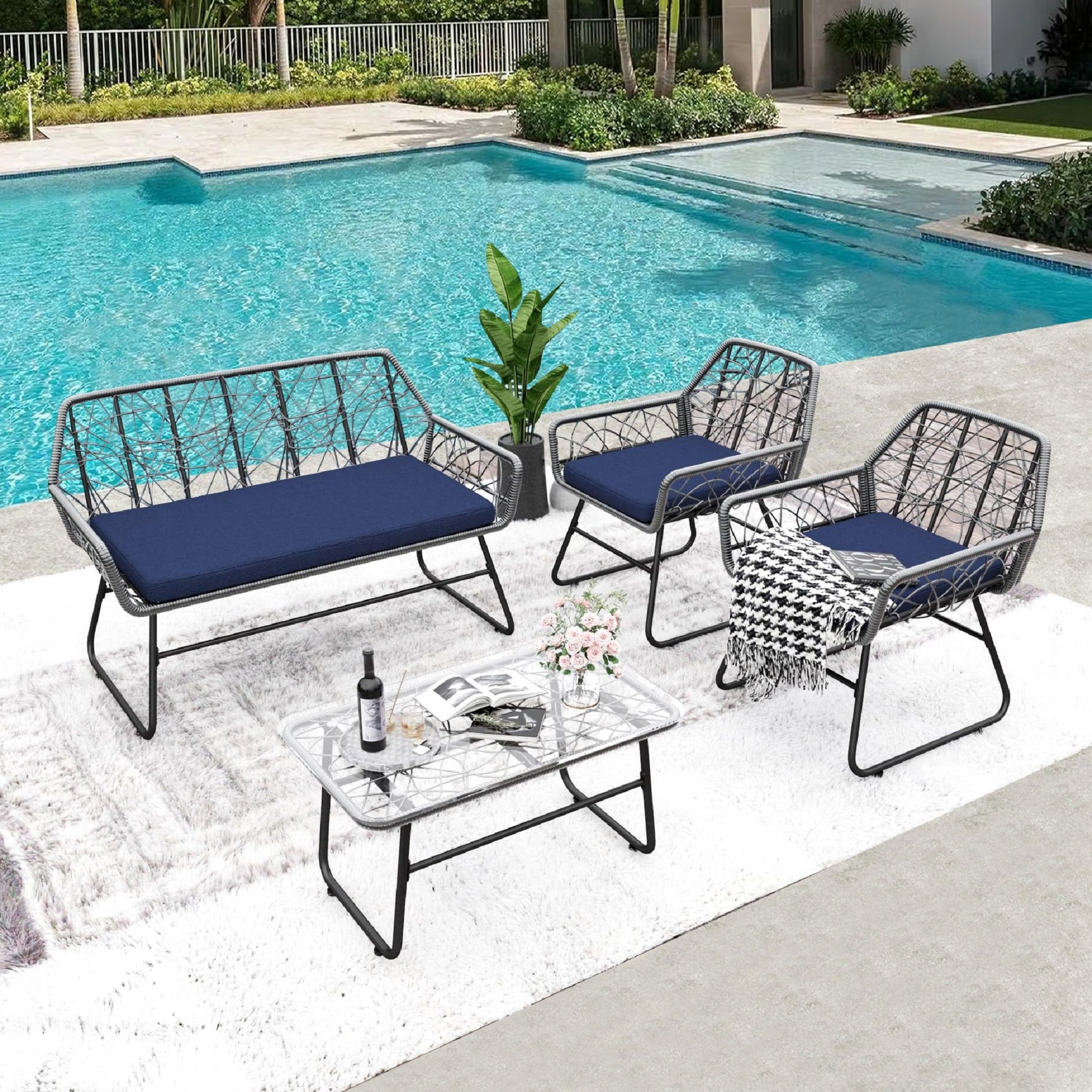 4 Piece Wicker Patio Furniture Set With Tempered Glass Table And Detachable Cushions