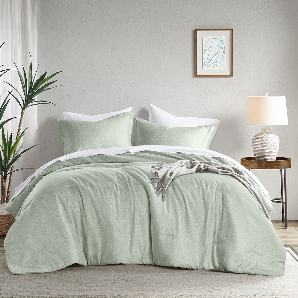 Camden - Full/Queen Chambray Print Solid Comforter Set - Sage Green