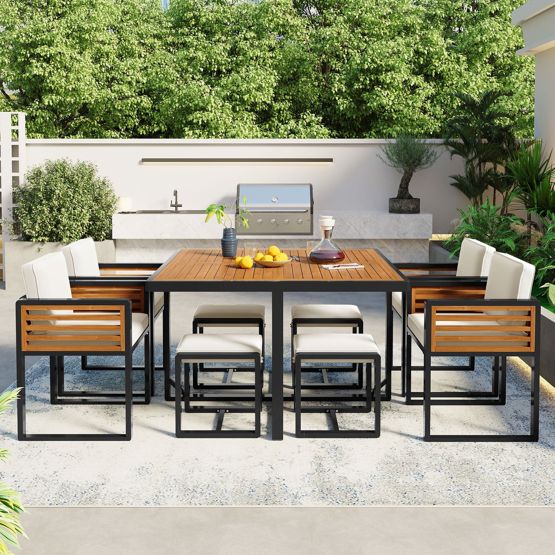 Acacia Wood Patio Dining Set, Cushioned Chairs & Ottomans Square Table