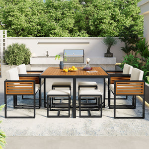 Acacia Wood Patio Dining Set, Cushioned Chairs & Ottomans Square Table