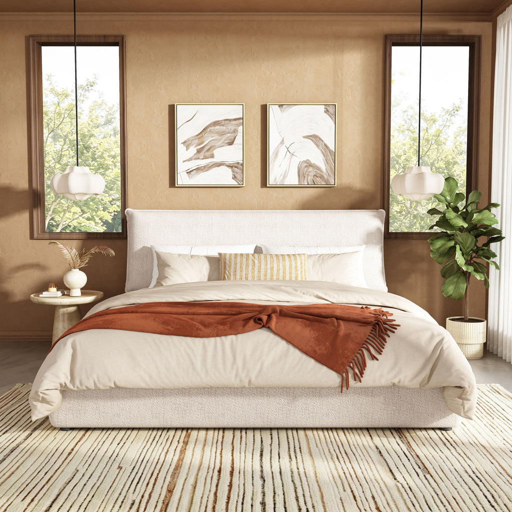 Upholstered Platform Bed Frame With Oversized Plush Pillow Headboard