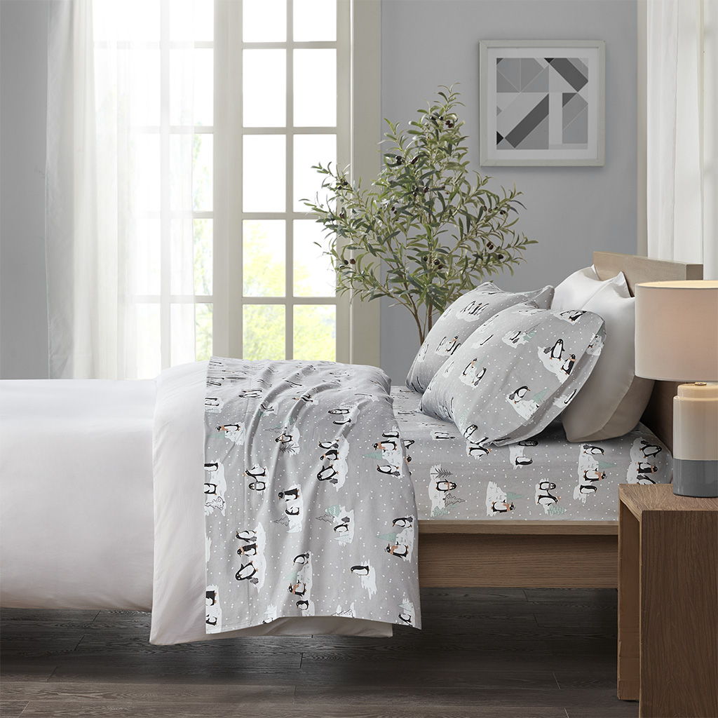 Twin Cozy 100% Printed Sheet Set - Gray Penguins