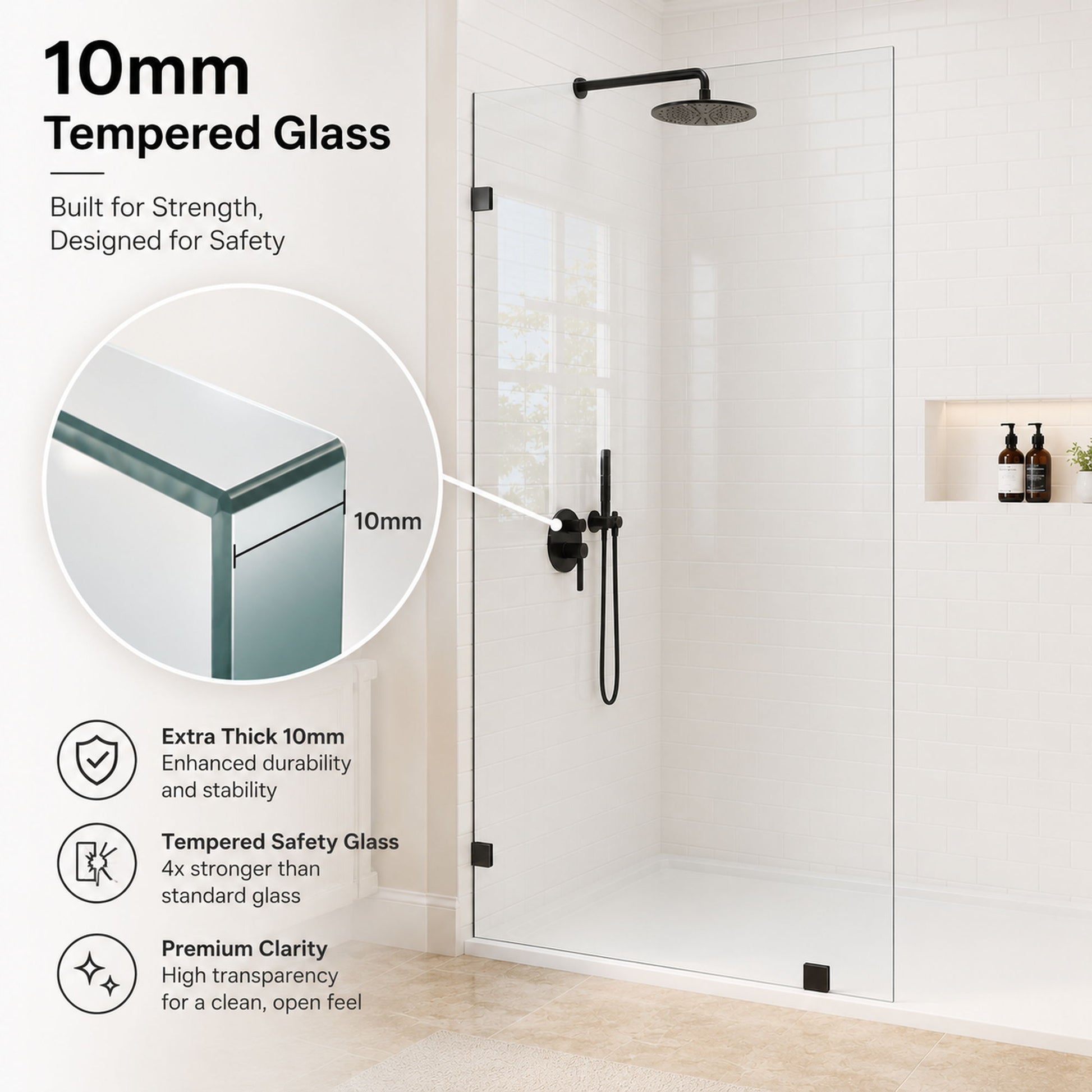 Frameless Walk-In Shower Glass Panel - Black