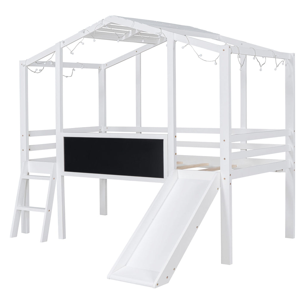 Loft House Bed With Ladder And Slide, With Blackboard And Light Strip On The Roof