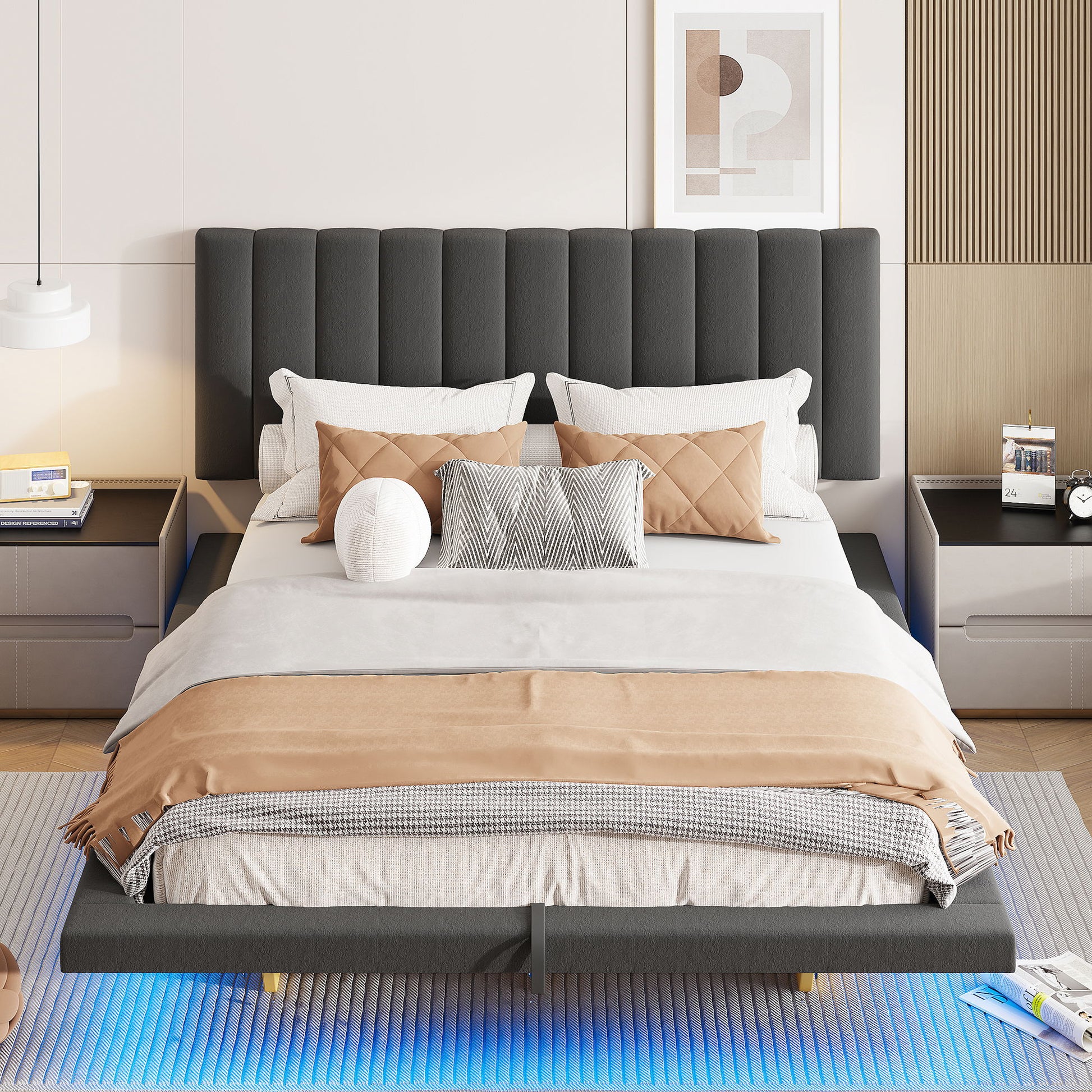 Upholstered Floating Hydrualic Platform Bed With LED Light And USB Port