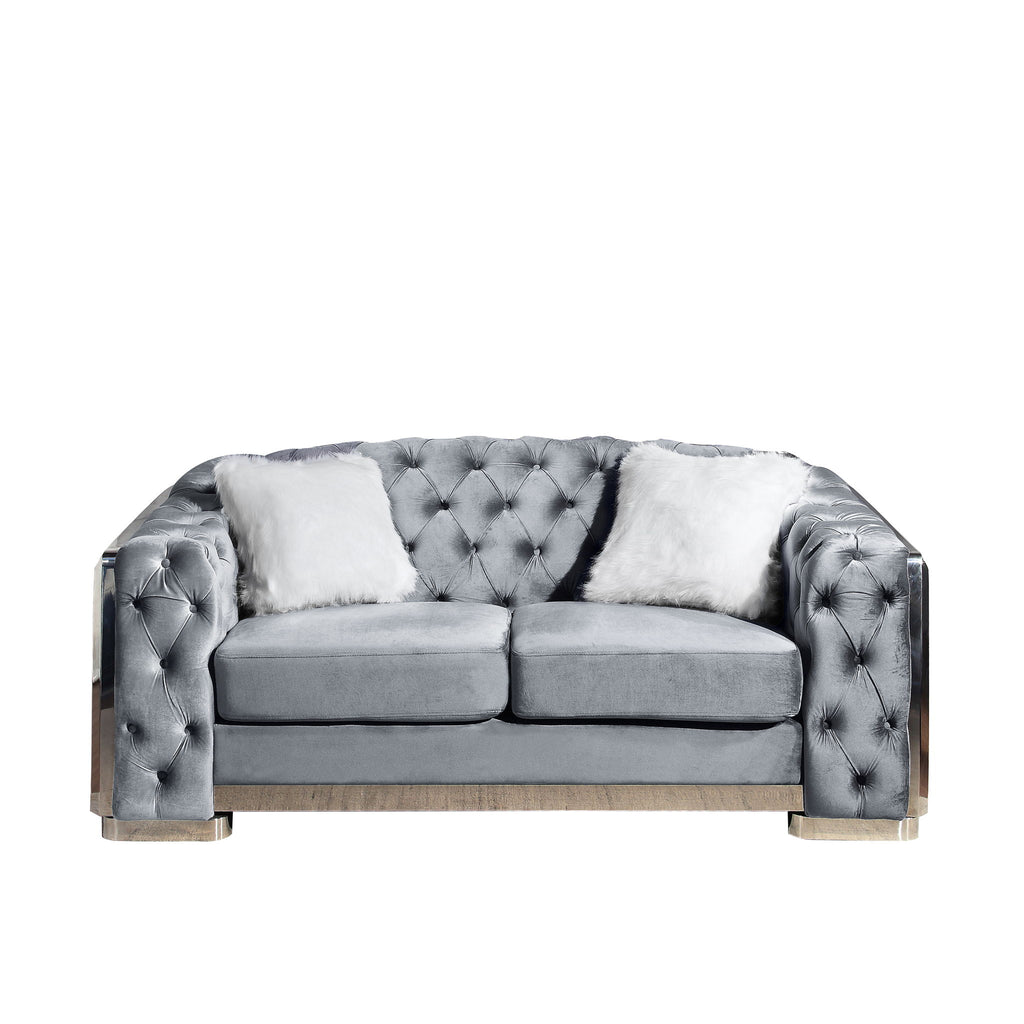 2 Seater Loveseat Sofa With Button Tufted Diamond Grid & 2 Pillows For Living Room