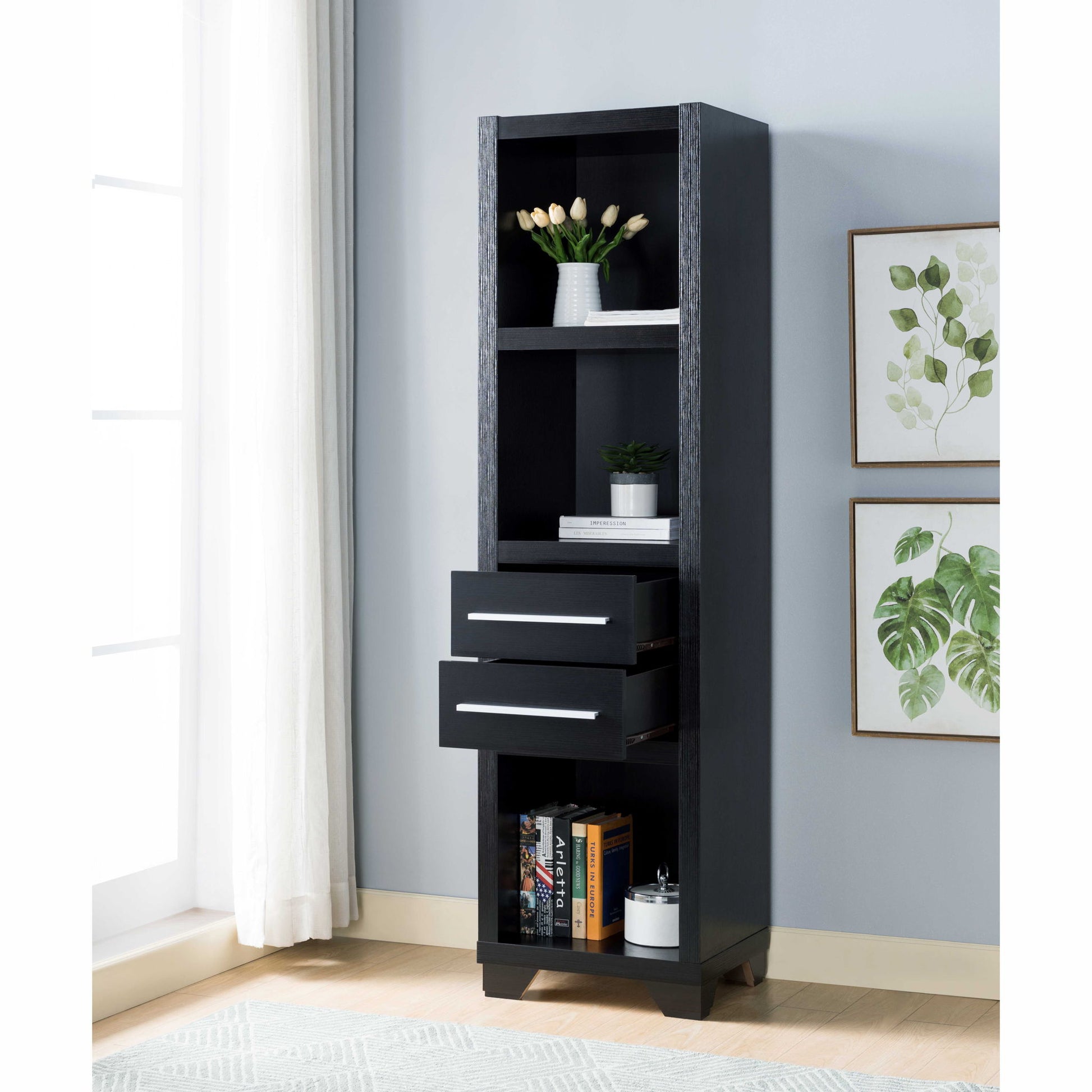 Media Pier, Bookcase Display With 2 Drawers, Open Storage Compartments