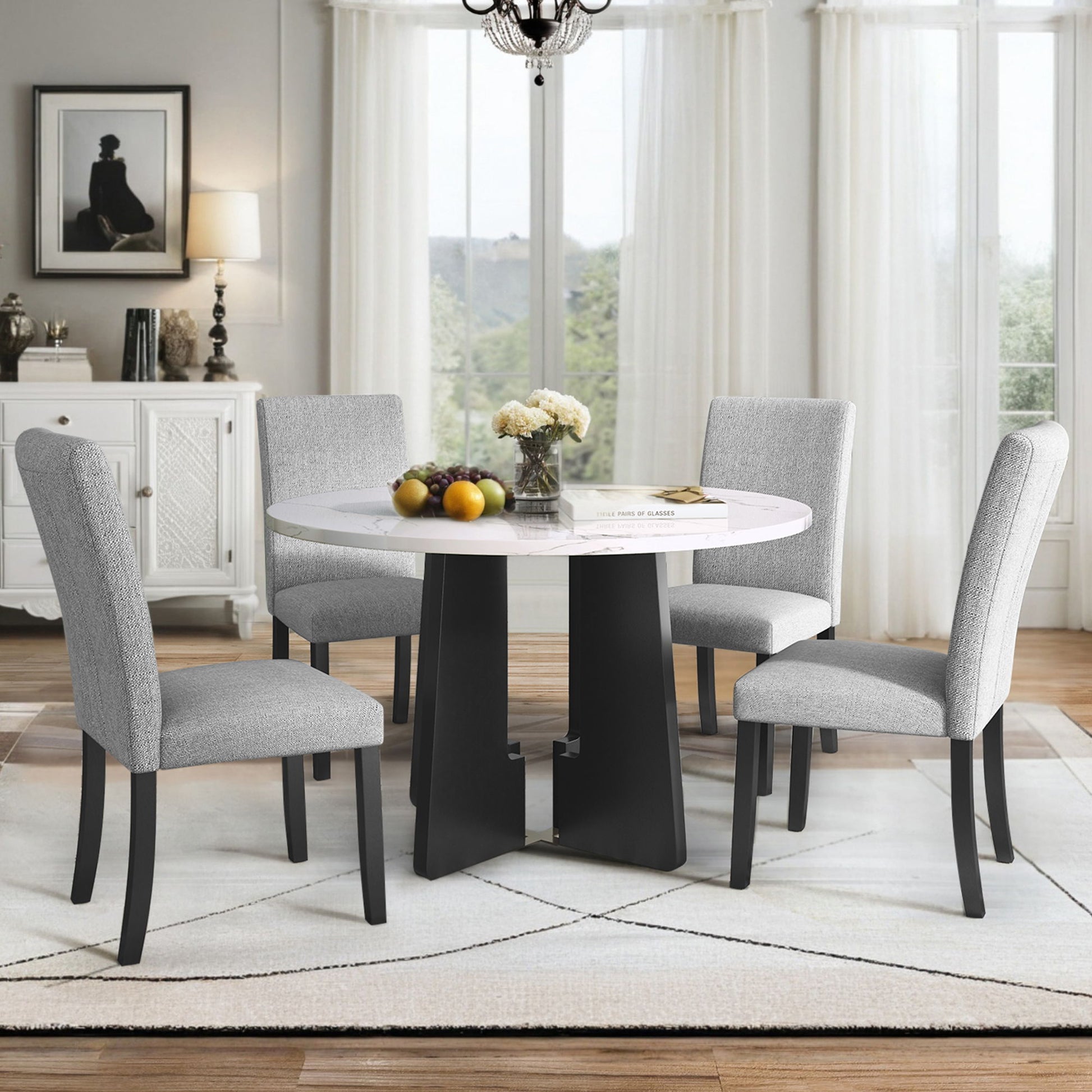 5 Piece Round Dining Table Set, Dining Table And 4 Upholstered Chairs For Dining Room, Kitchen Room, Living Room - White / Gray