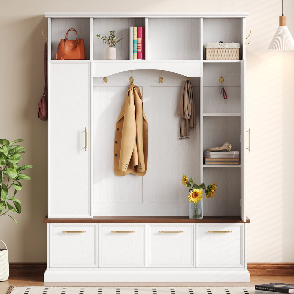4 In 1 Hall Tree With Hooks & Handles, Adjustable Shelves, Coat & Shoe Rack For Mudroom