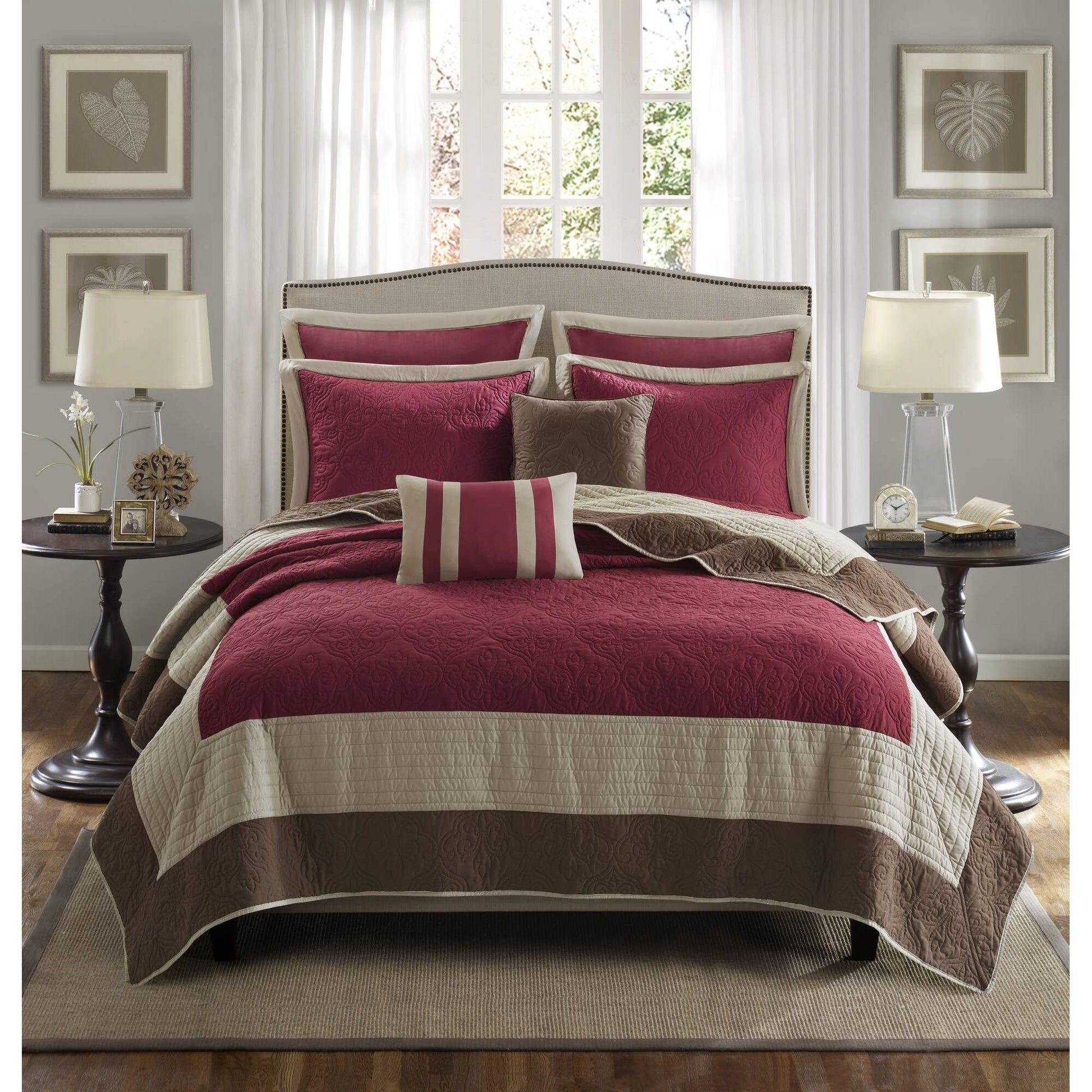 Attingham - Full/Queen 7 Piece Quilt Set With Euro Shams And Throw Pillows - Red