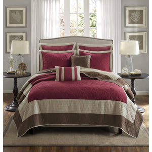 Attingham - King/California King 7 Piece Quilt Set With Euro Shams And Throw Pillows - Red