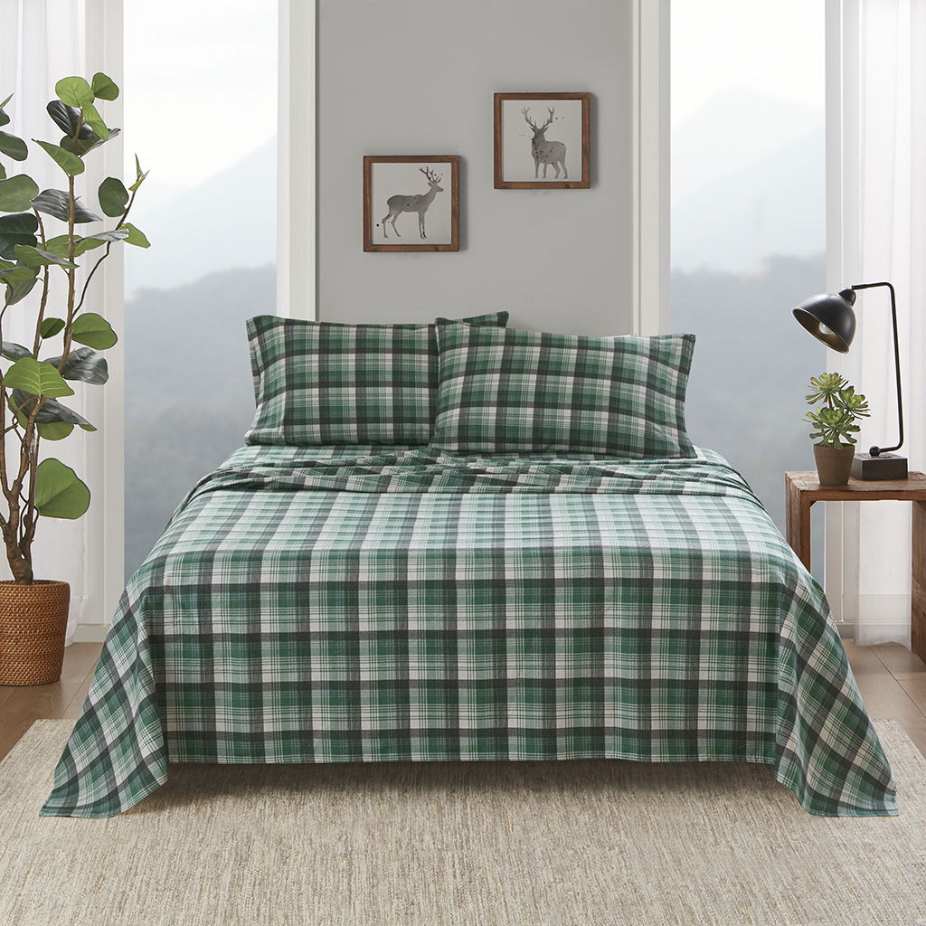 Flannel - 4 Piece California King Sheet Set - Green Plaid