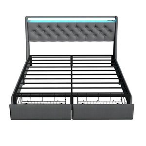 Floating Bed Frame With Rgb LED Light, 2 Storage Drawers & Headboard Shelf