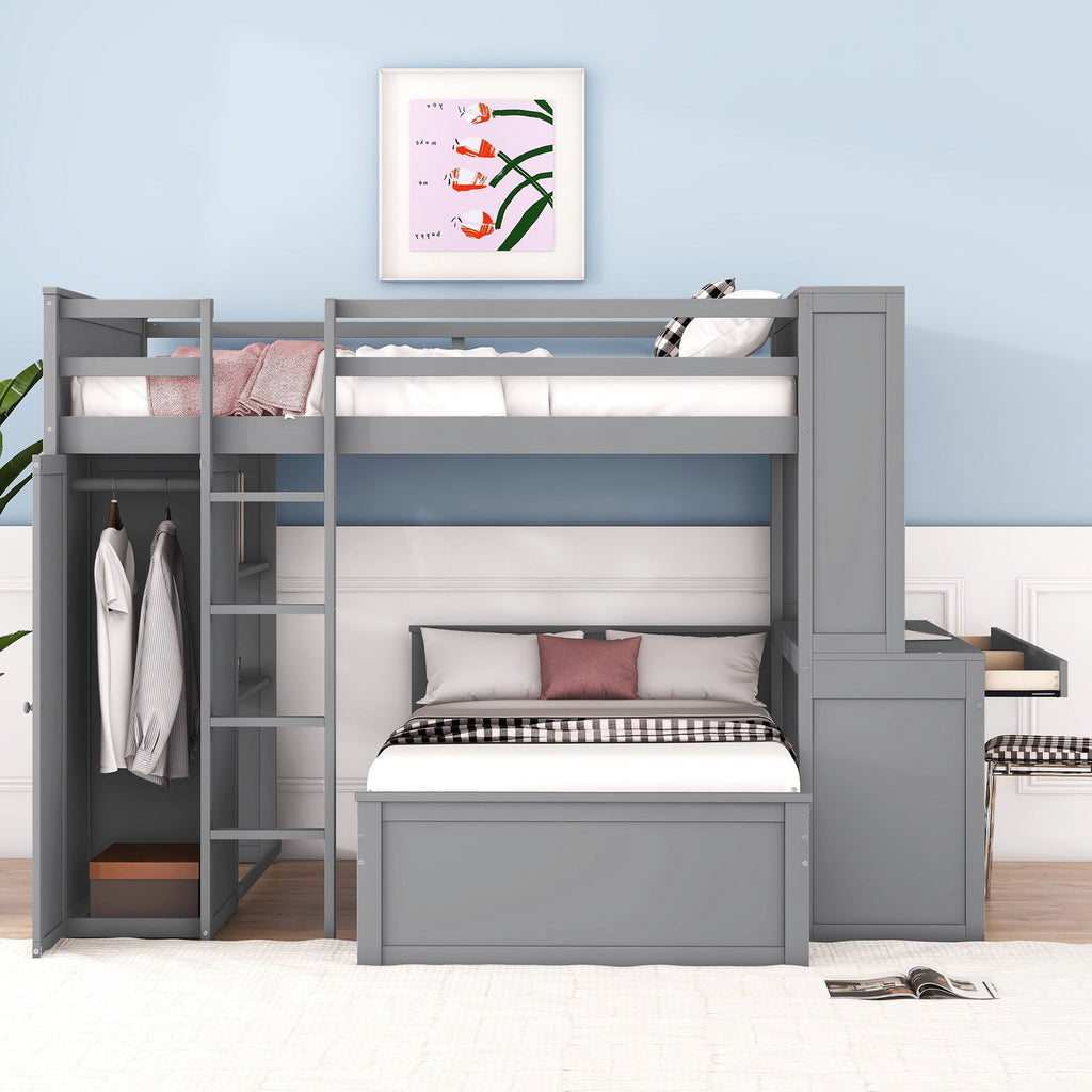 Loft Bed With A Twin Size Standalone Bed, Shelves, Desk, And Wardrobe