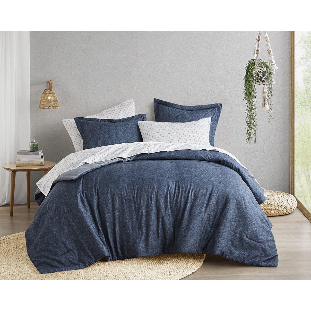 Camden - Queen Chambray Print Microfiber Comforter Set With Bed Sheets - Navy