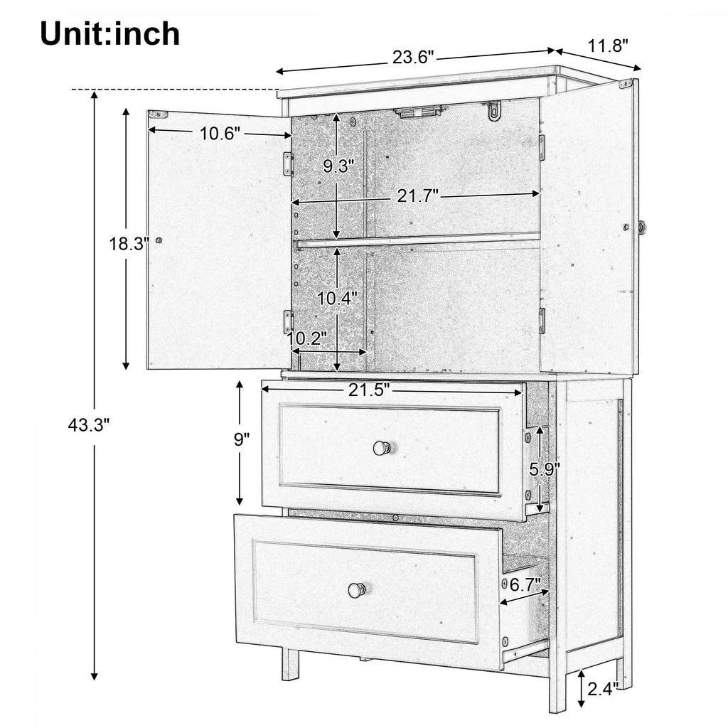 Bathroom Storage Cabinet With 2 Doors And Drawers, Adjustable Shelf