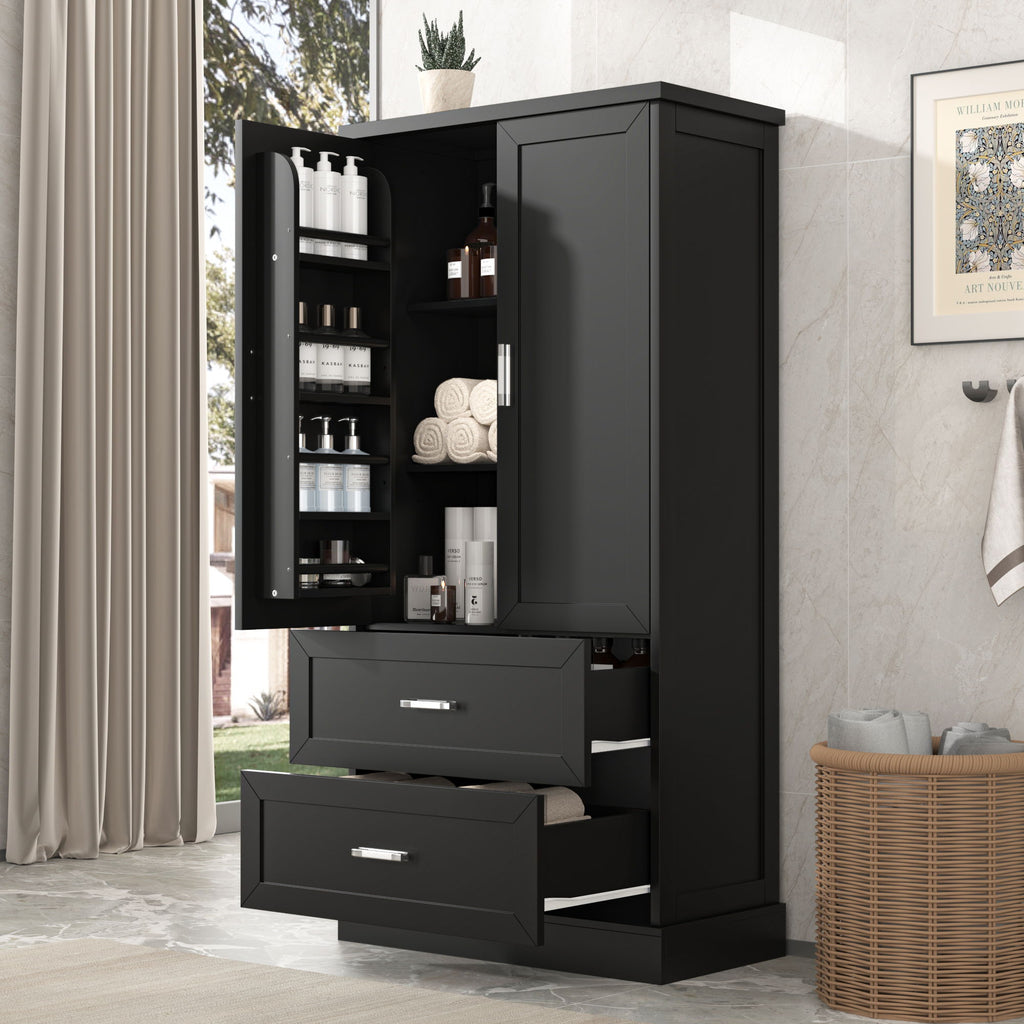 Tall Bathroom Storage Cabinet With 2 Doors And Drawers, Adjustable Shelf