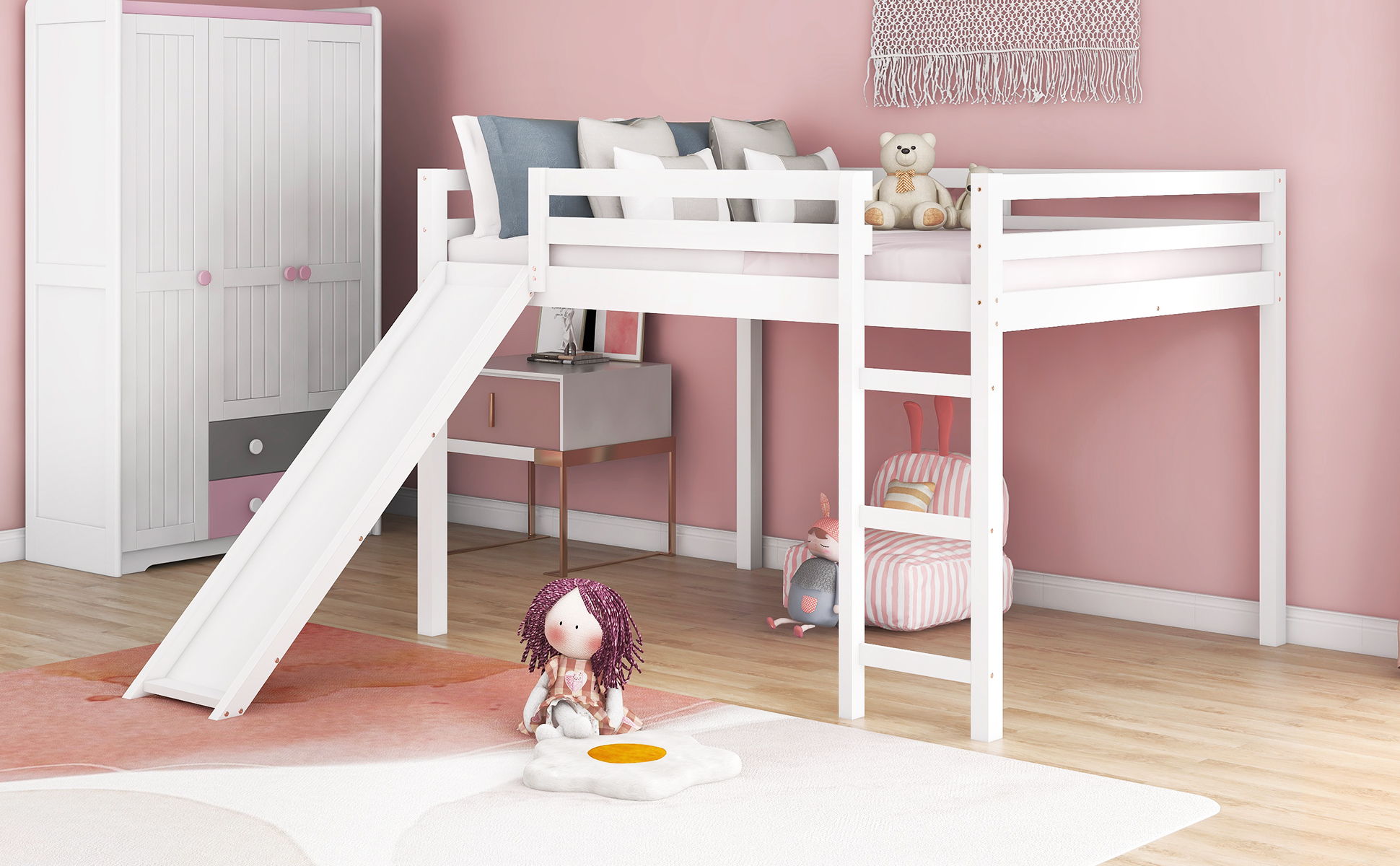 Full Loft Bed With Slide, Multifunctional Design - White