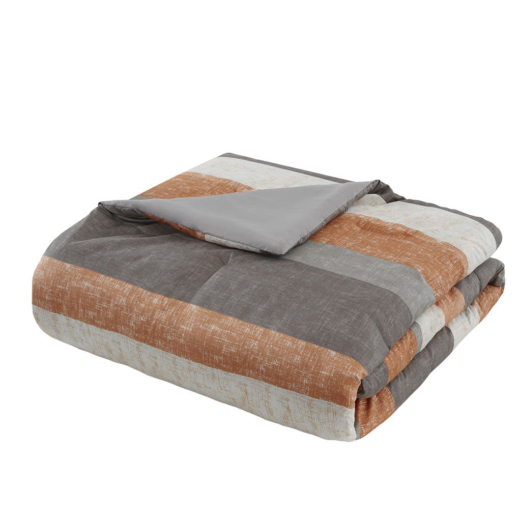 Jaxon - 5 Piece Twin Stripe Comforter Set With Bed Sheets - Coral / Gray