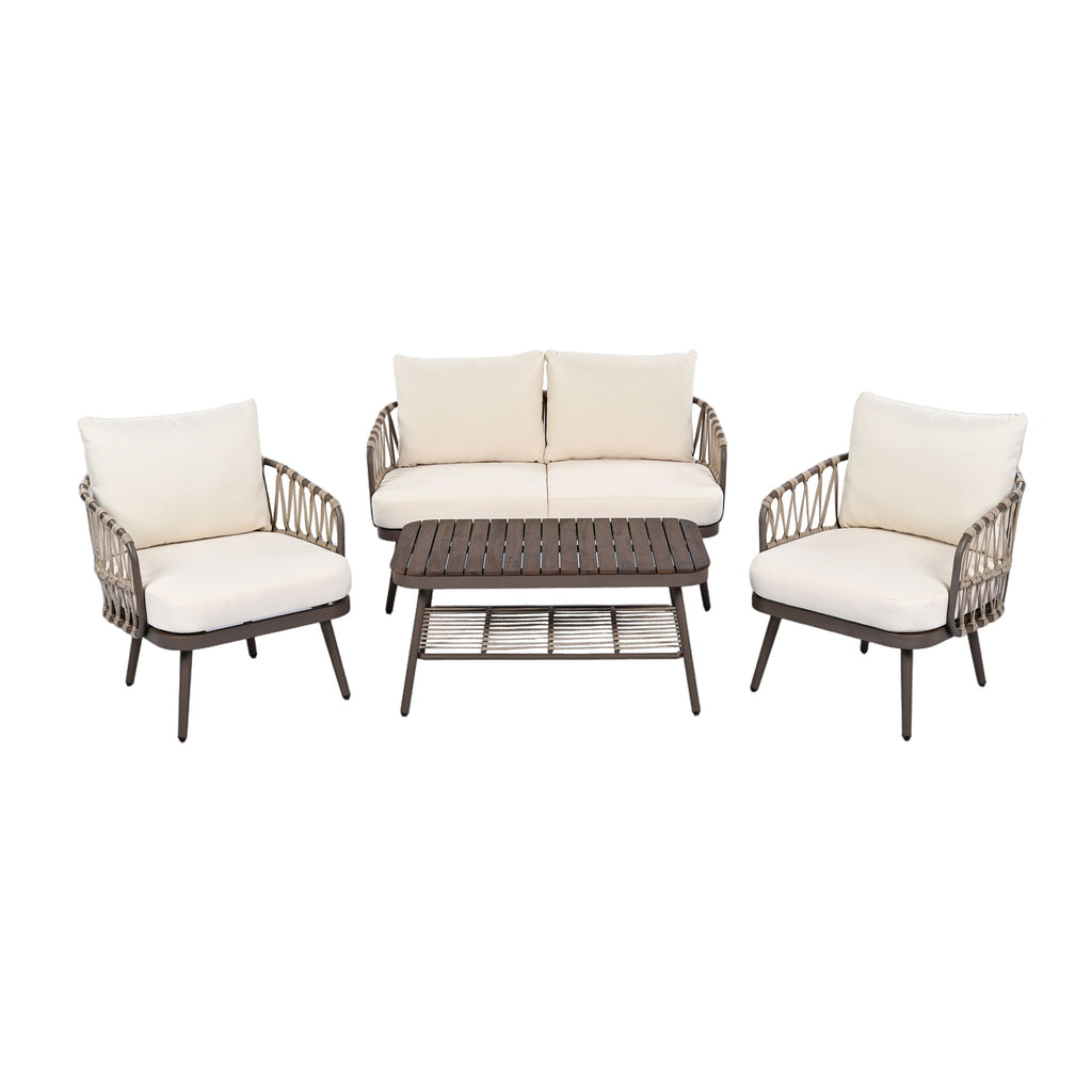4 Piece Outdoor Patio Furniture Set, Metal Chairs With Woven Rope U Shaped Backrest