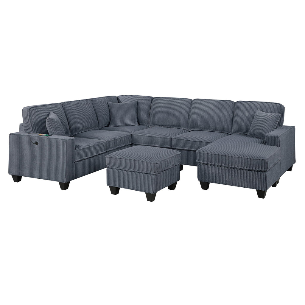 Left Arm Facing Loveseat With USB Port 5 Piece Sectional Set Corner Wedge Armless Chair Cocktail Ottoman Upholstered Living Room Furniture - Dark Gray