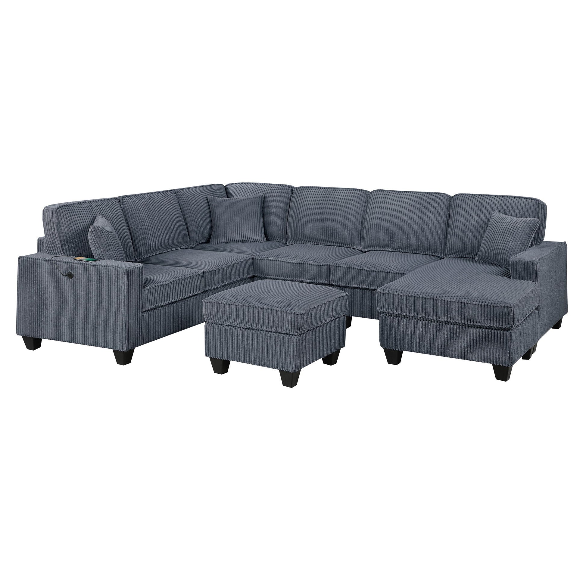 Left Arm Facing Loveseat With USB Port 5 Piece Sectional Set Corner Wedge Armless Chair Cocktail Ottoman Upholstered Living Room Furniture - Dark Gray