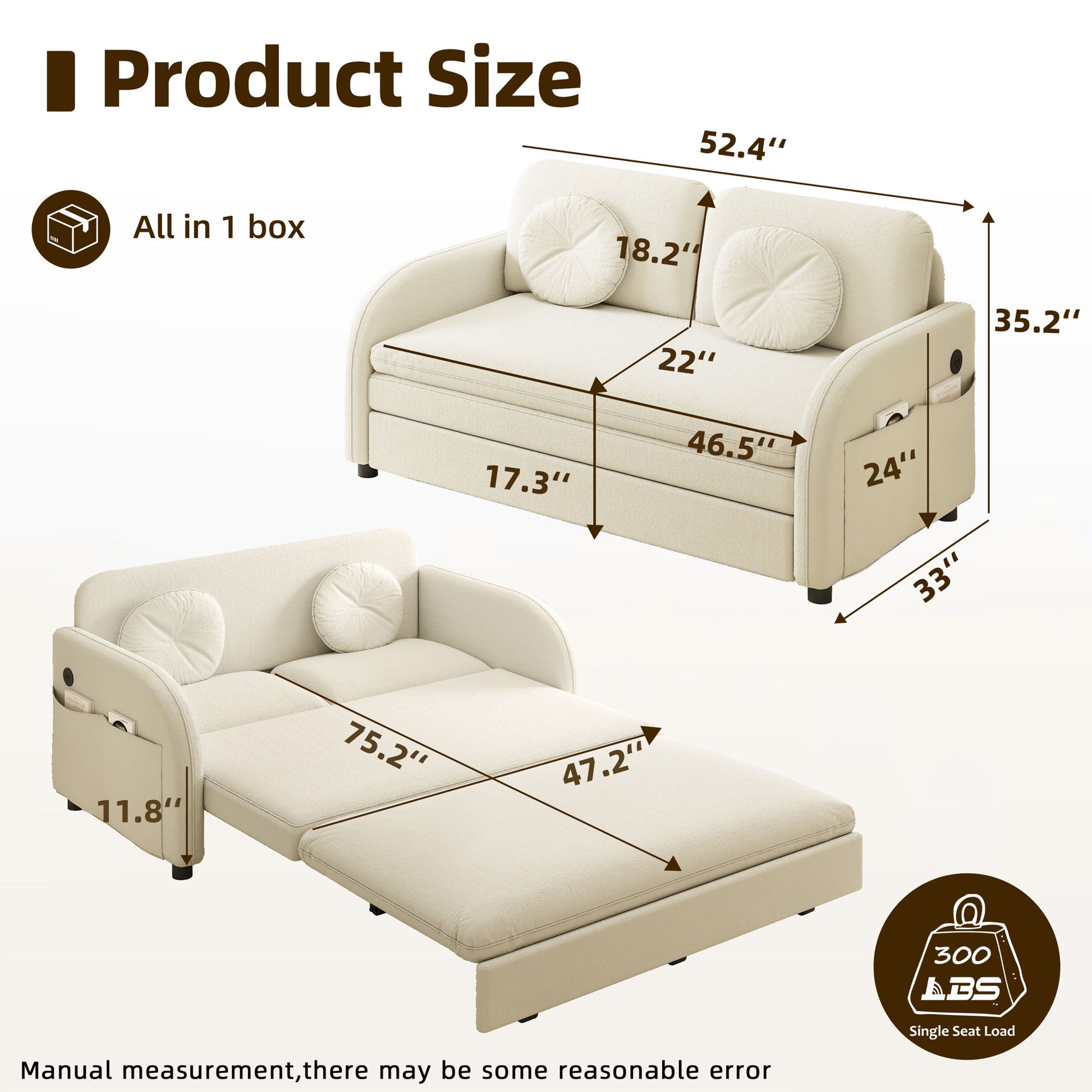 Upholstered Pull Out Couch With Side Pocket & USB Port