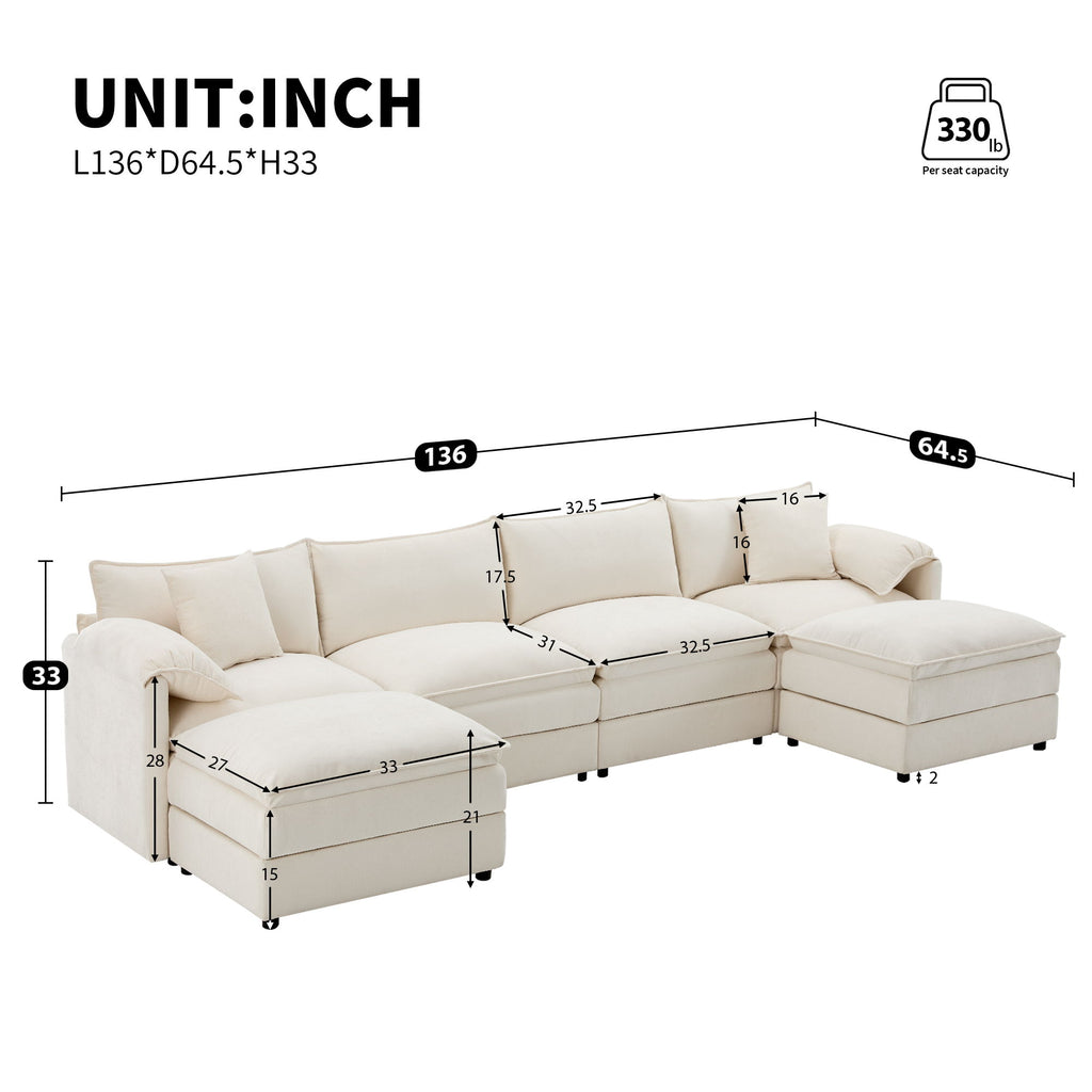 Modular Sectional With Deep And Wide Seat, Cloud Couch Set With Double Cushions Sofa With Movable Ottoman